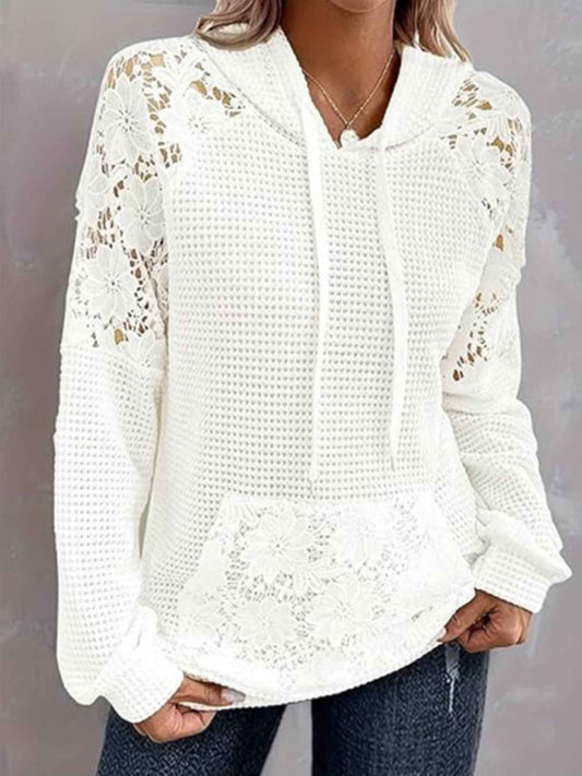 Full Size Lace Trim Waffle Knit Hoodie Plus Size