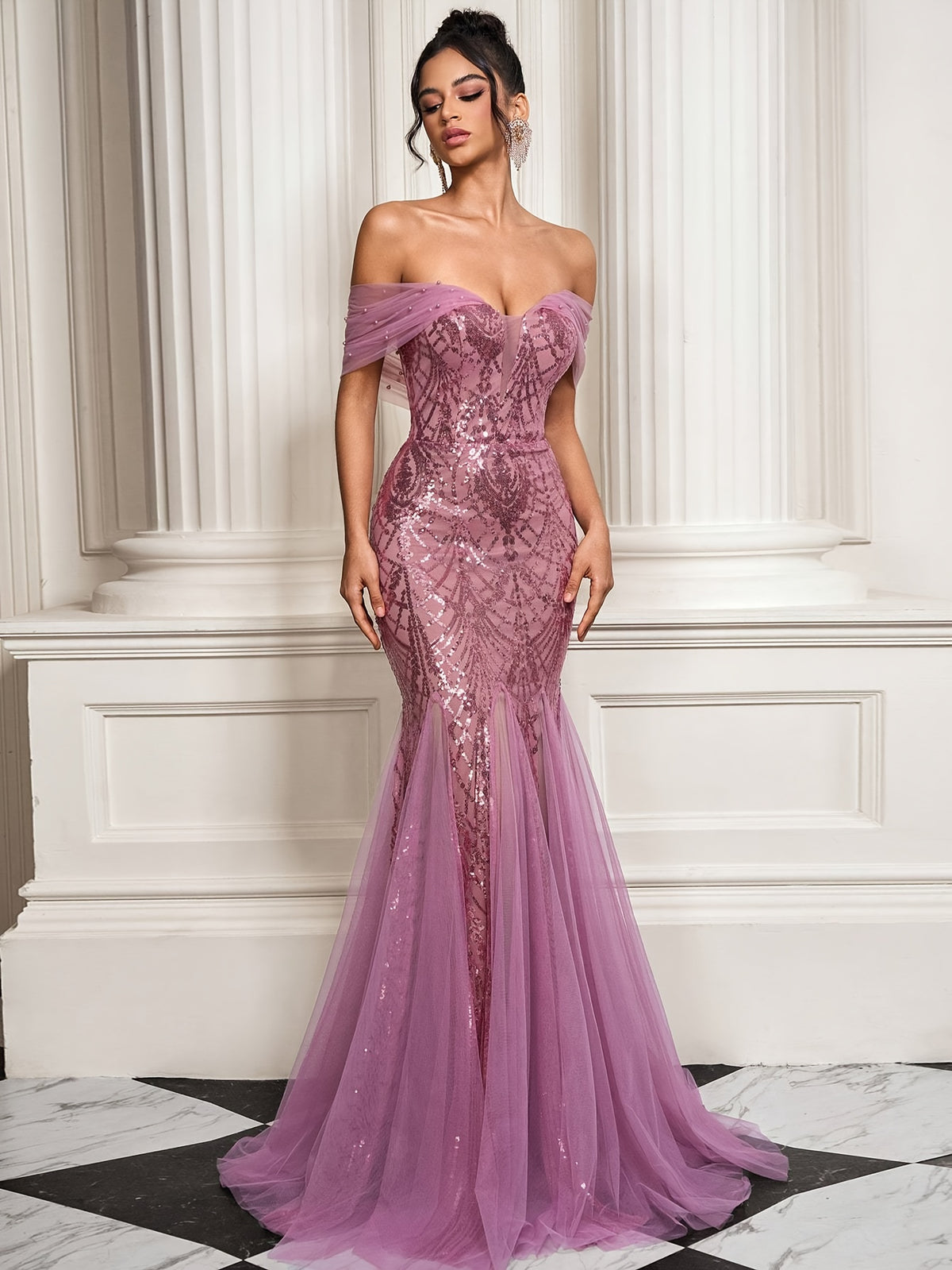 Strapless Sequin Mermaid Gown with Tulle Skirt and Tie-Back Detail