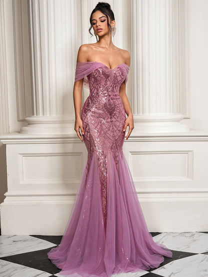 Strapless Sequin Mermaid Gown with Tulle Skirt and Tie-Back Detail