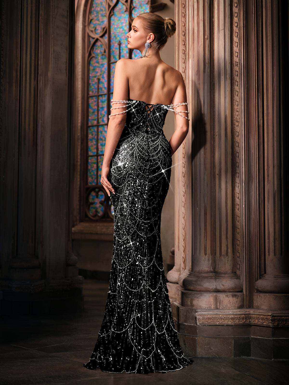 One-Shoulder Sequin Gown with Imitation Pearl Detail