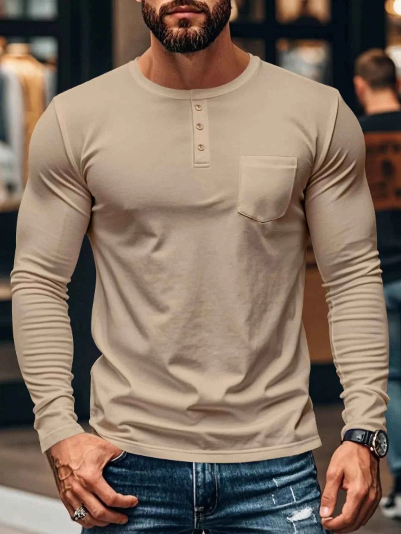 Men's Plus Size Casual Long Sleeve Henley T-Shirt with Pocket