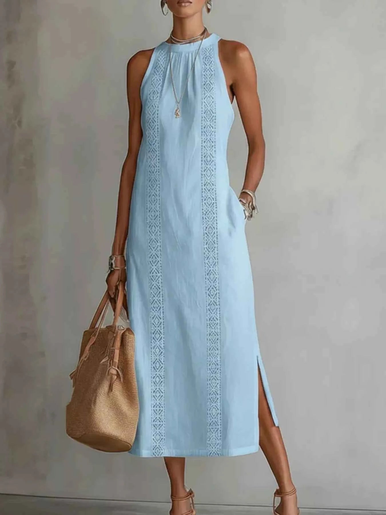 Full Size Sleeveless Lace Trim Midi Dress Plus Size
