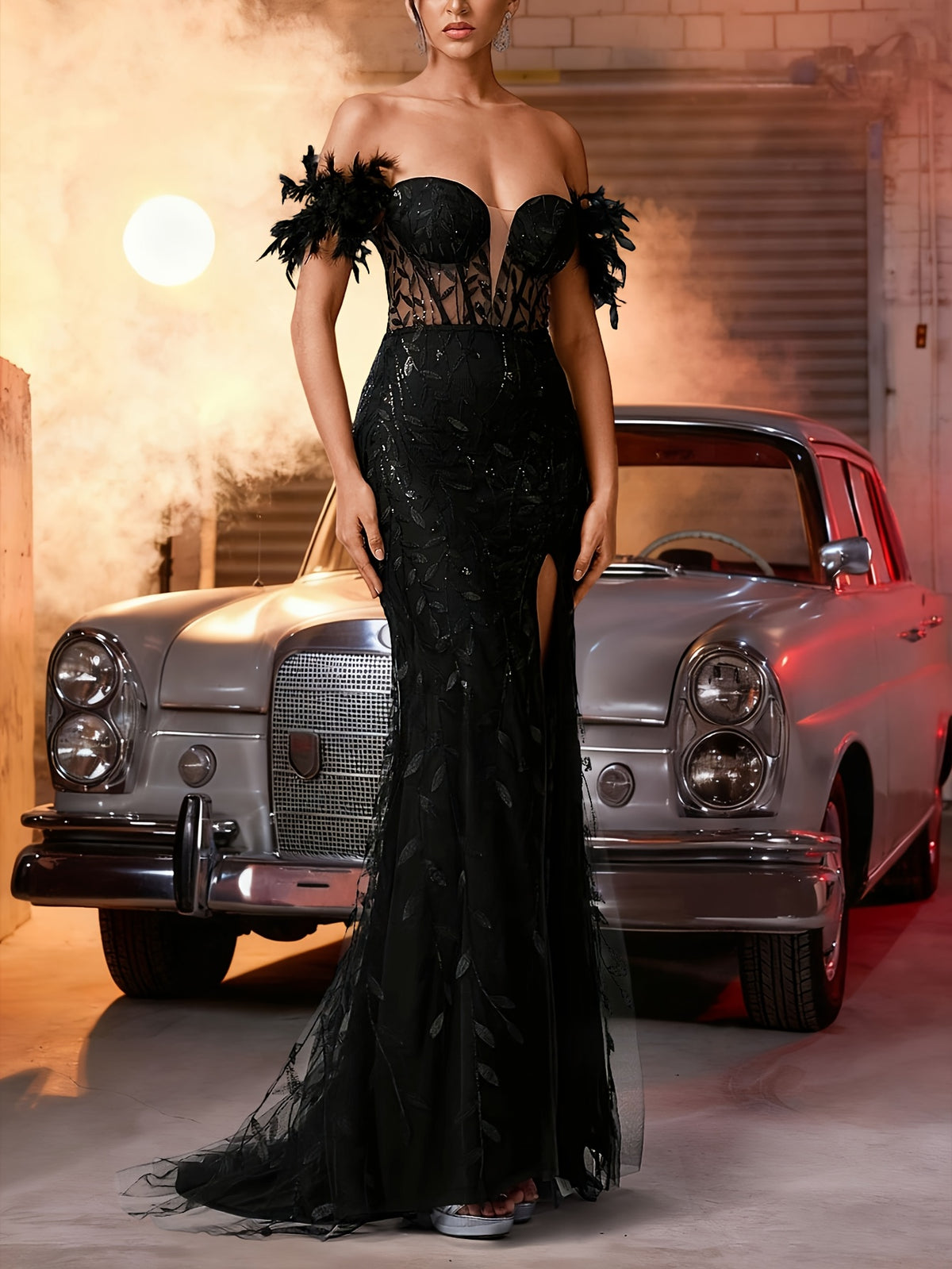 Off-Shoulder Sequin Mesh Gown with High-Waist Fit and Slit