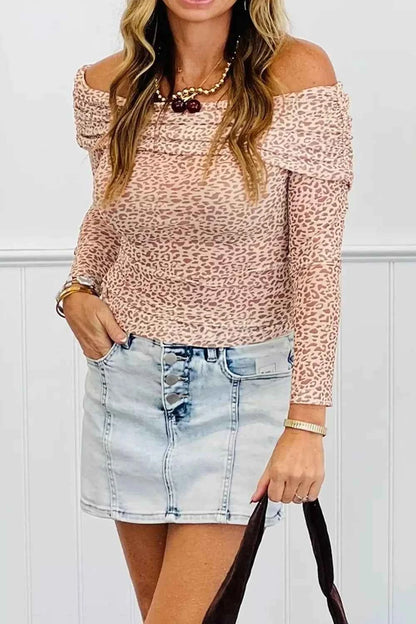 Leopard Print Foldover Off Shoulder Long Sleeve Mesh Top
