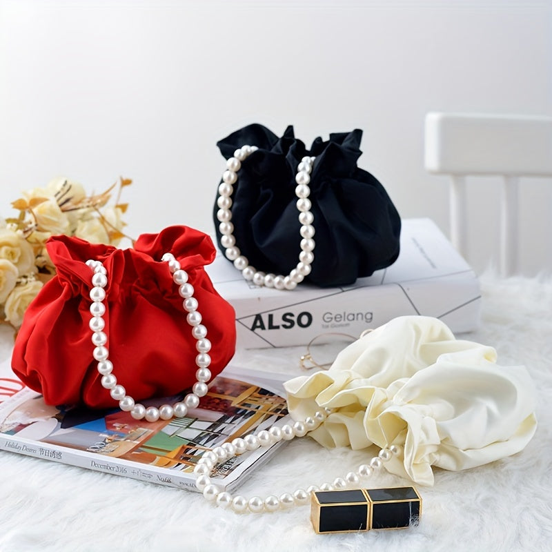 Pearl Satin Handbag – Cute Small Tote & Elegant Evening Bucket Bag