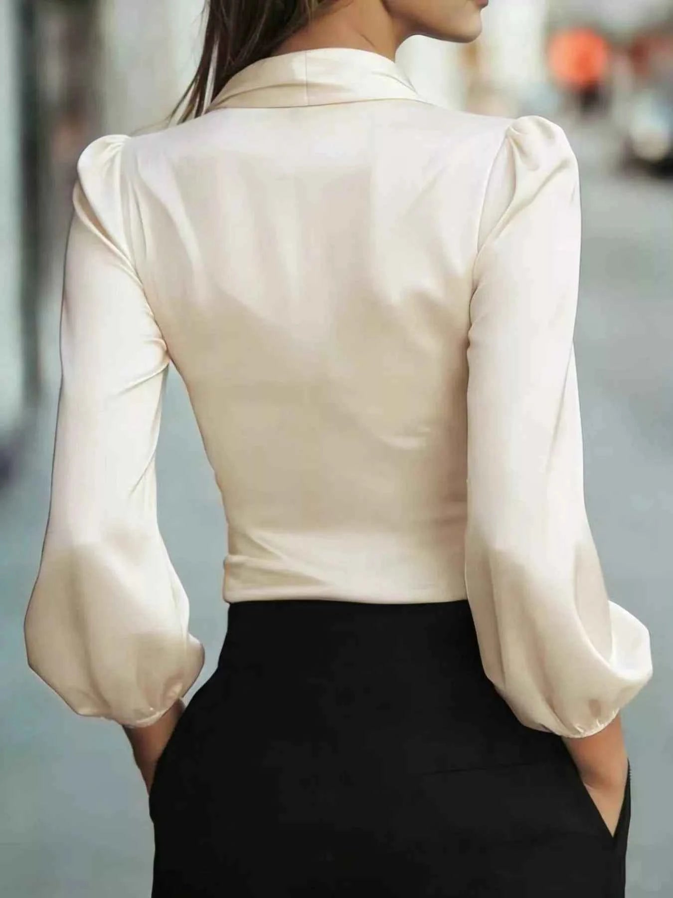 Elegant Satin Wrap Blouse with Bow Detail
