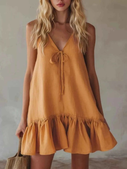 V-Neck Tie Front Ruffle Hem Mini Dress