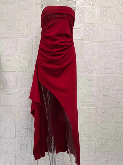 Strapless Ruched High Slit Maxi Dress