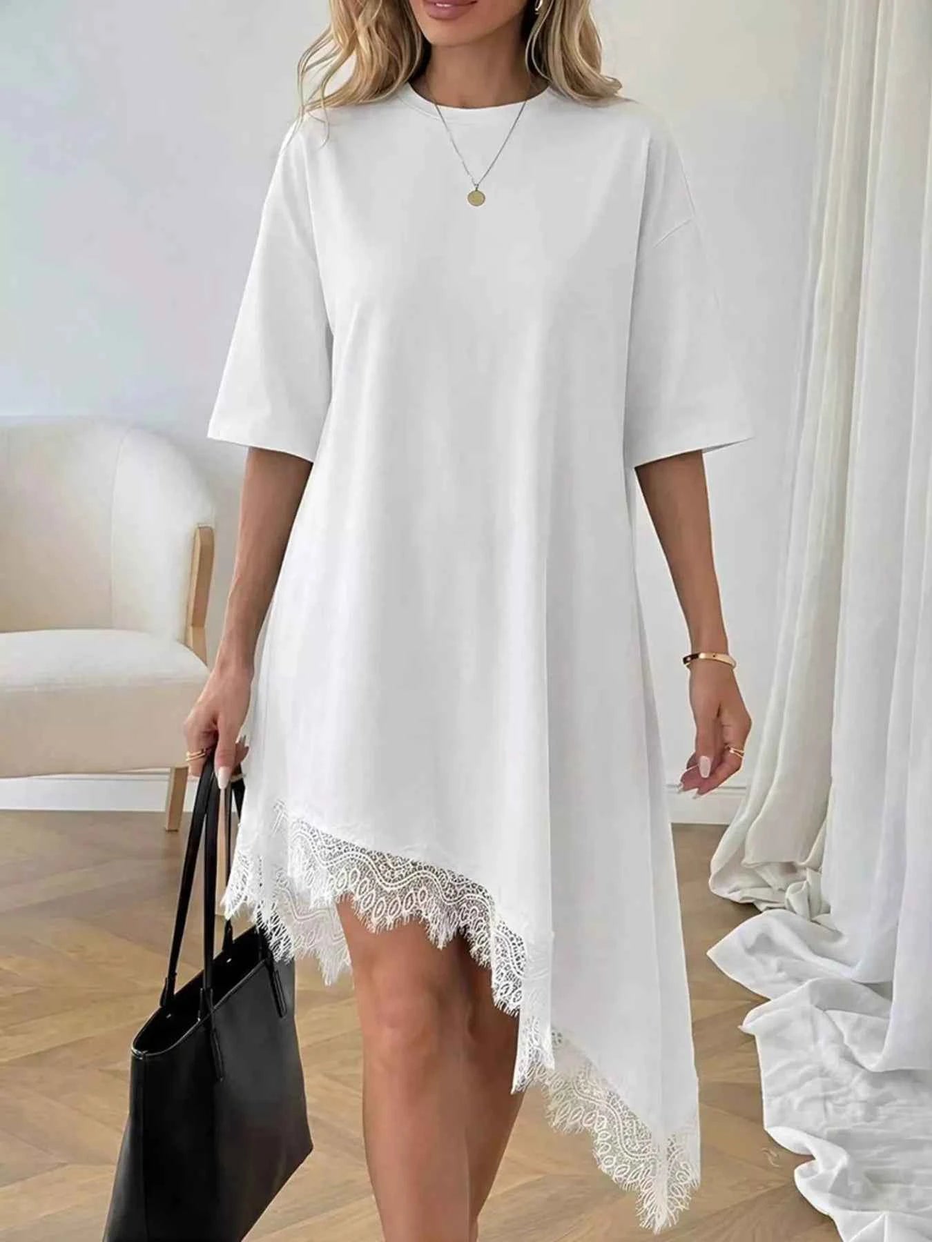 Lace Trim Asymmetrical Hem T-shirt Dress
