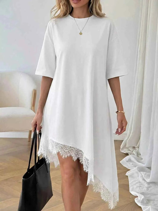 Lace Trim Asymmetrical Hem T-shirt Dress