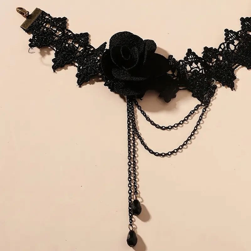 Black Lace Choker with Floral Accents & Tassels