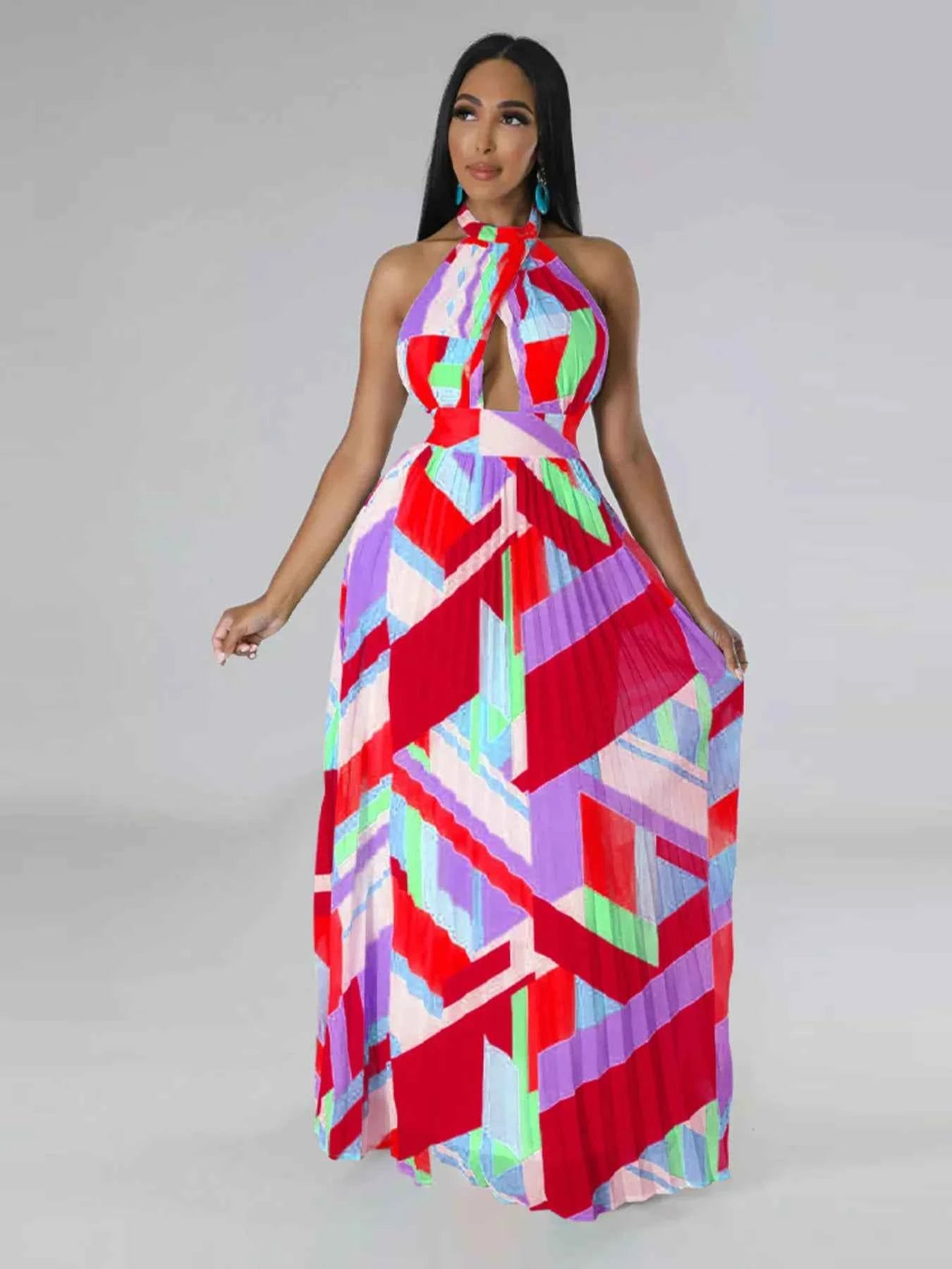 Halter Neck Geometric Print Pleated Maxi Dress