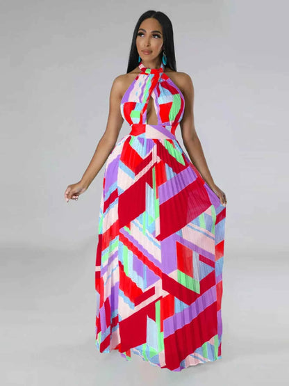 Halter Neck Geometric Print Pleated Maxi Dress