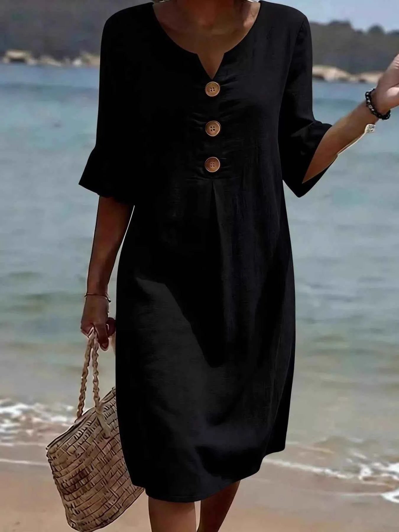 Full Size Button Decor Ruffle Sleeve Midi Dress Plus Size