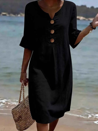 Full Size Button Decor Ruffle Sleeve Midi Dress Plus Size