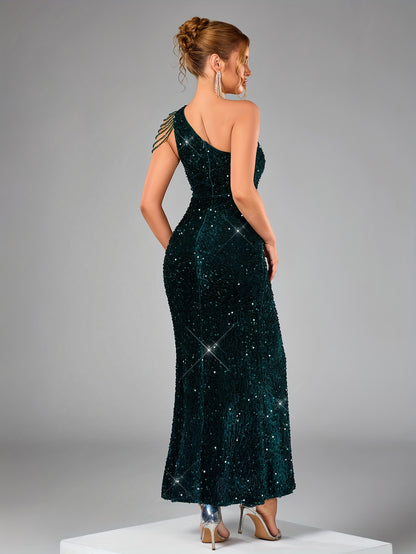 Asymmetrical Sequin Evening Gown