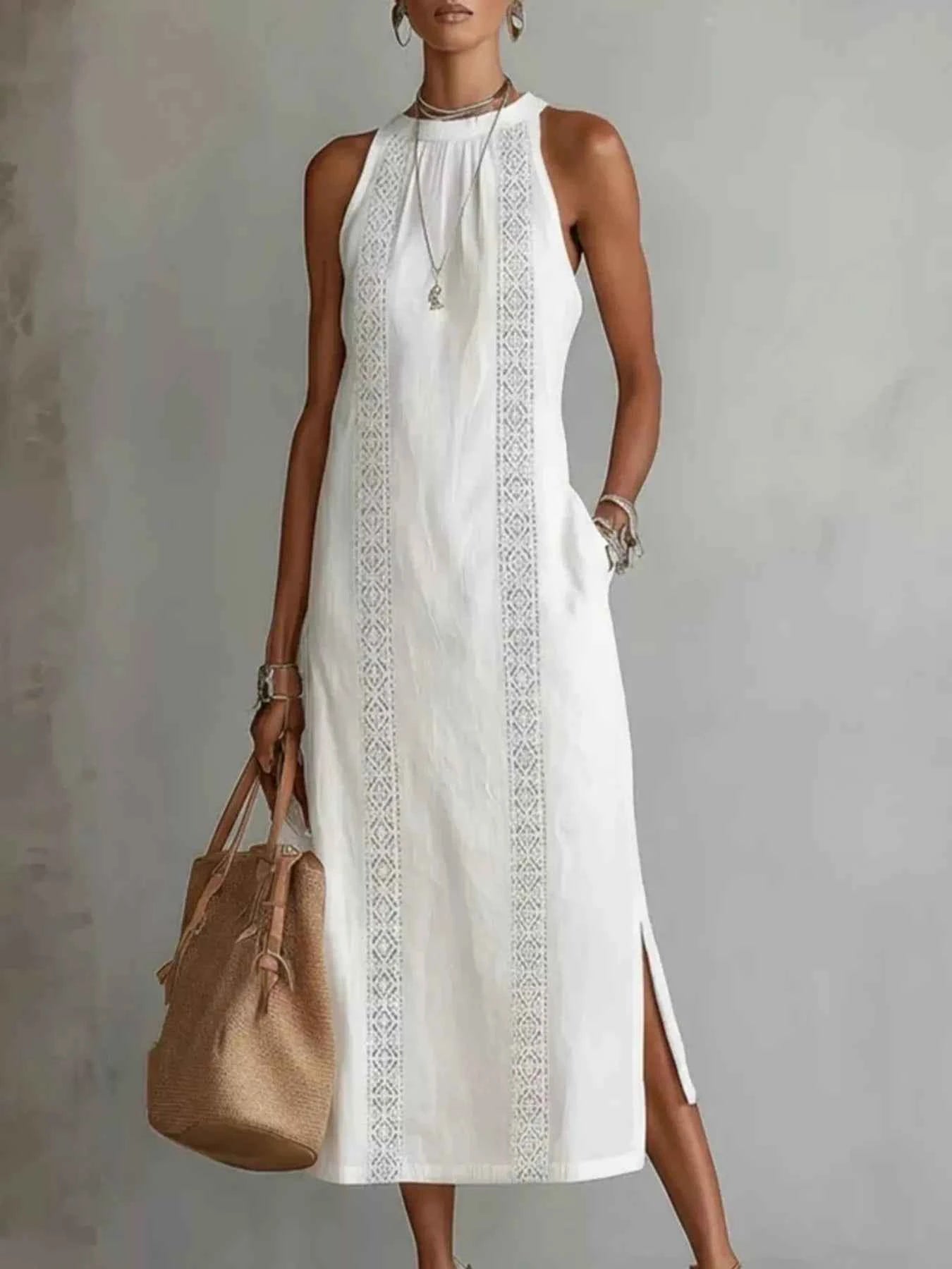 Full Size Sleeveless Lace Trim Midi Dress Plus Size