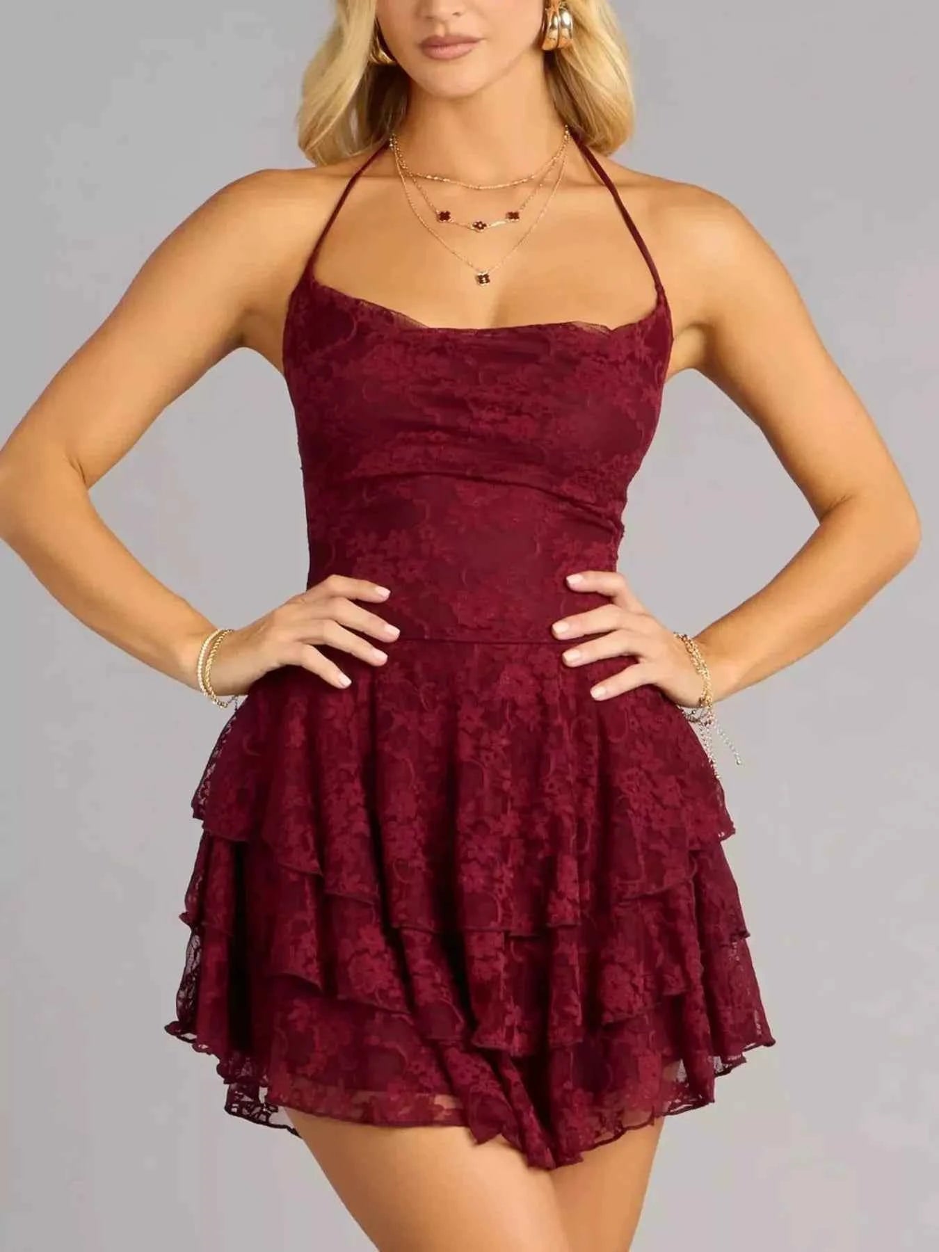 Lace Ruffle Halter Neck Mini Dress