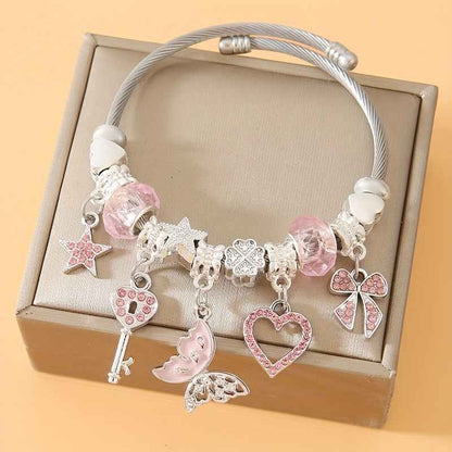 Pink Vintage Minimalist Style Women's Stainless Steel Adjustable Bracelet with Key Pendant, Butterfly, Butterfly Festival, Heart-shaped Pendant, Star Style