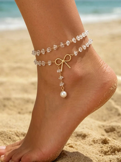 Elegant Bow and Pearl Anklet with Crystal Accents