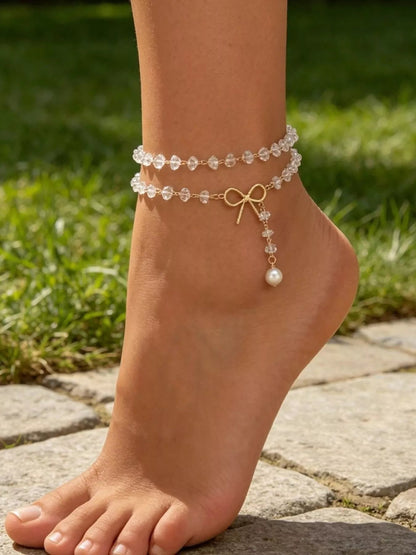 Elegant Bow and Pearl Anklet with Crystal Accents