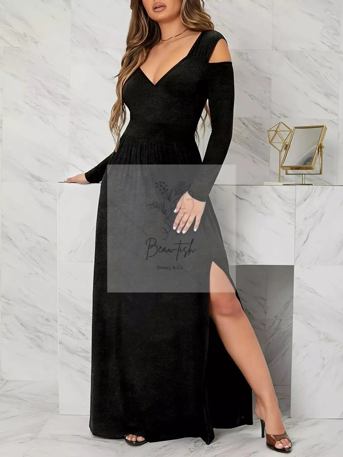 Elegant Cold Shoulder Slit Maxi Dress