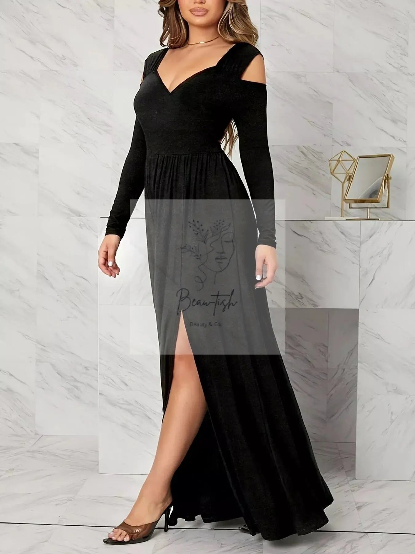 Elegant Cold Shoulder Slit Maxi Dress
