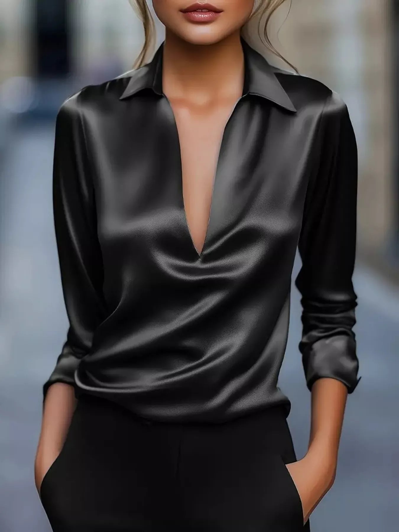 Elegant Deep V Long Sleeve Blouse