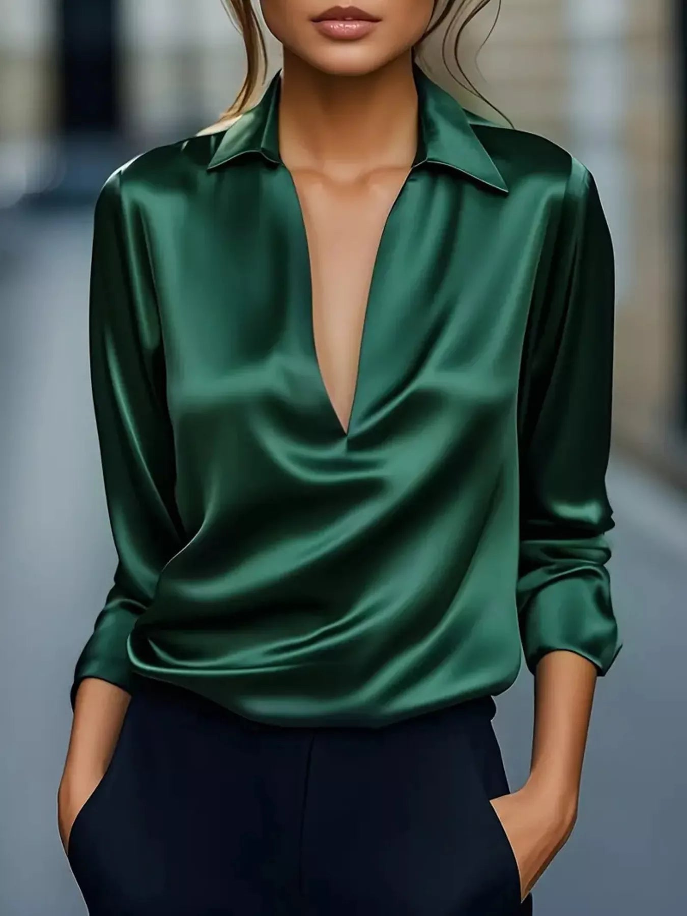 Elegant Deep V Long Sleeve Blouse