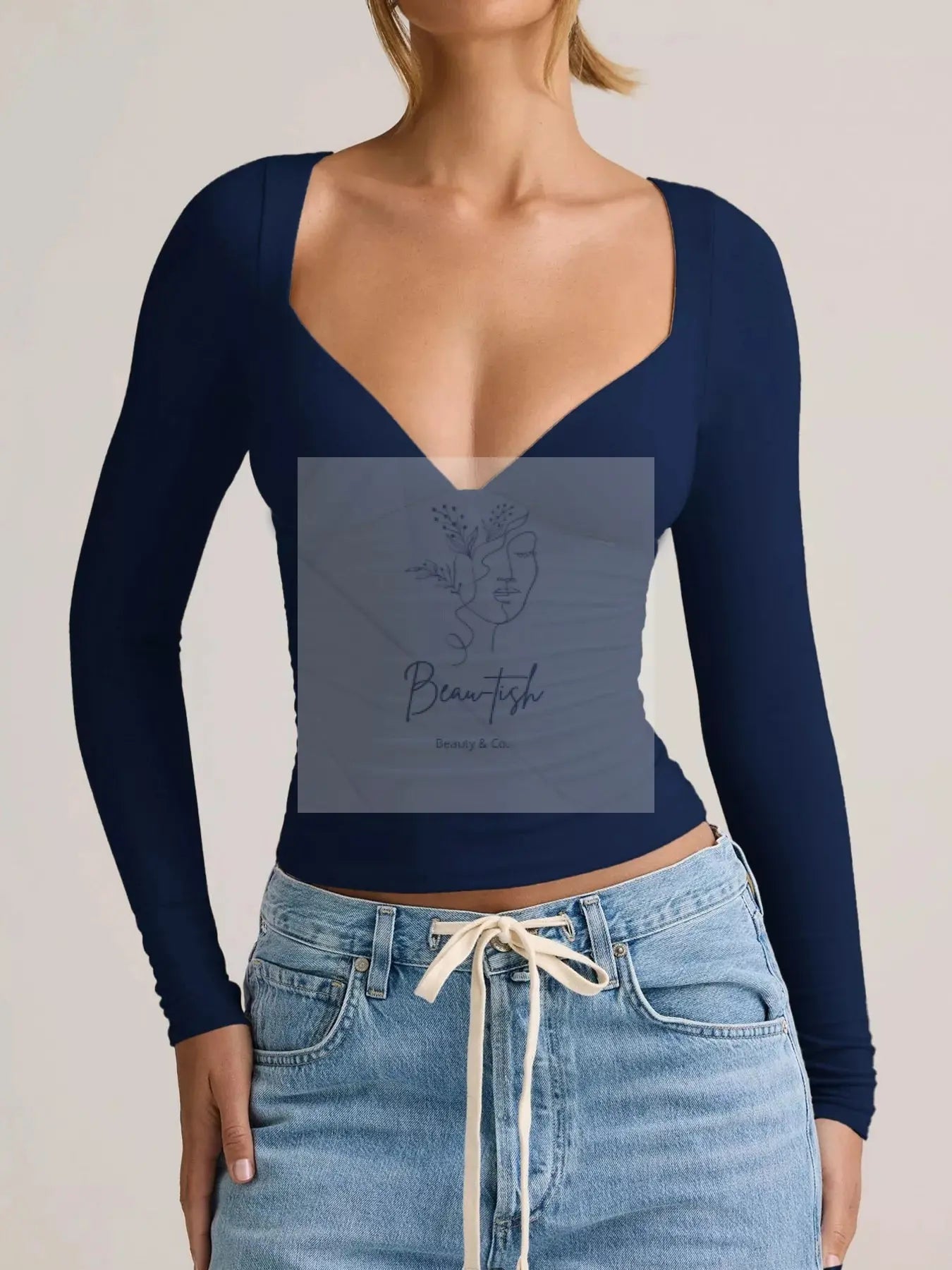 Elegant Deep V-Neck Long Sleeve Fitted Top