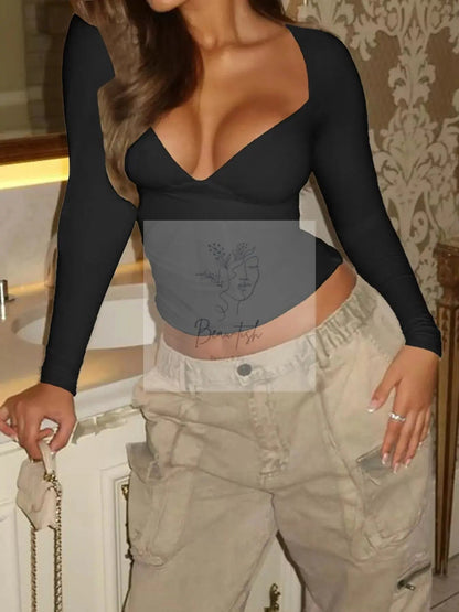 Elegant Deep V-Neck Long Sleeve Fitted Top