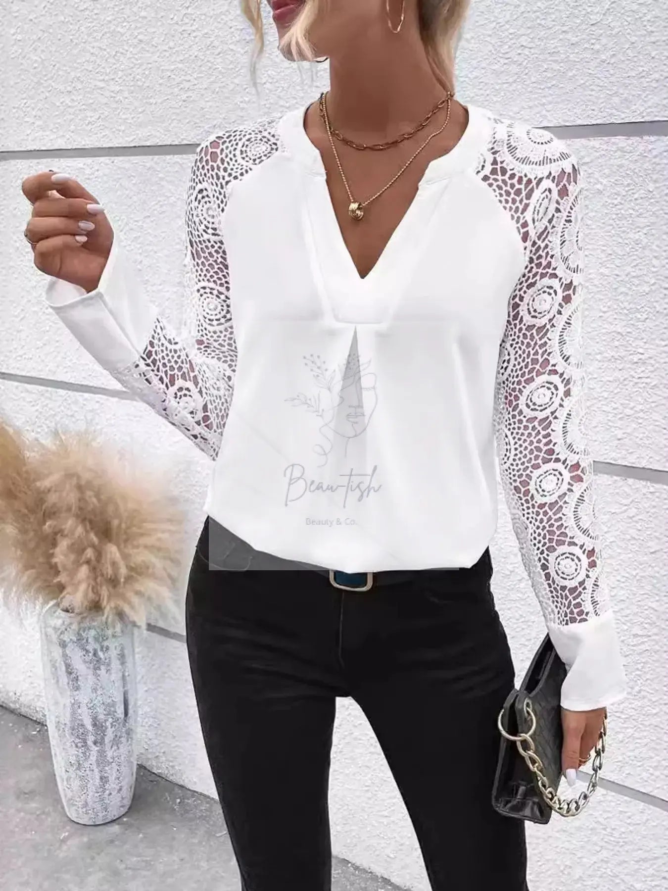 Elegant Lace Sleeve V-Neck Blouse