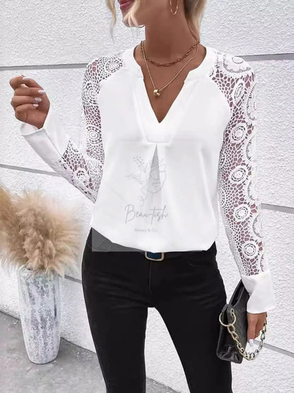 Elegant Lace Sleeve V-Neck Blouse
