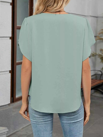 Elegant Pleated Flowy Short Sleeve Blouse