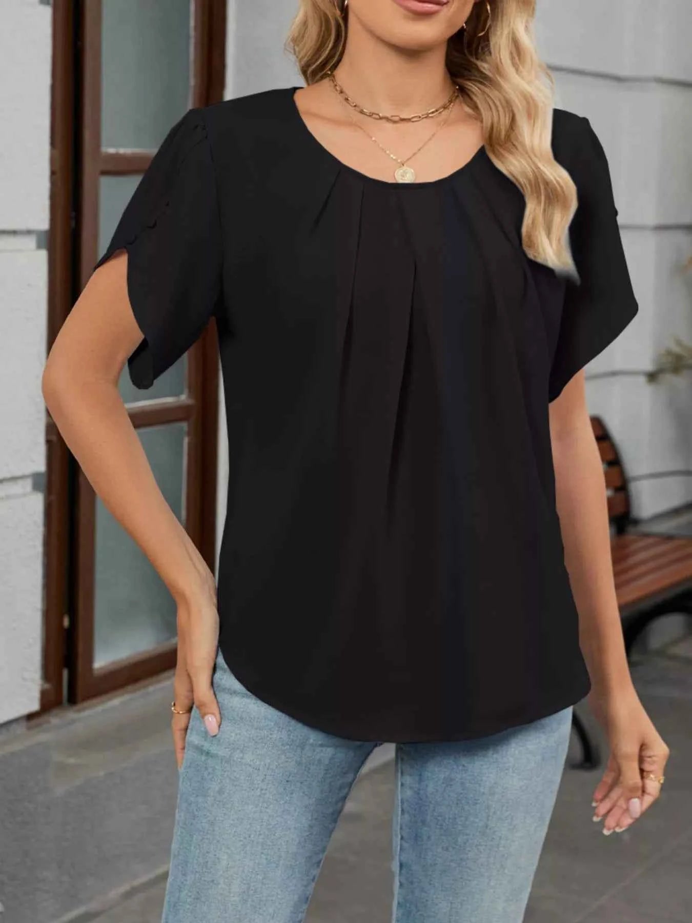Elegant Pleated Flowy Short Sleeve Blouse