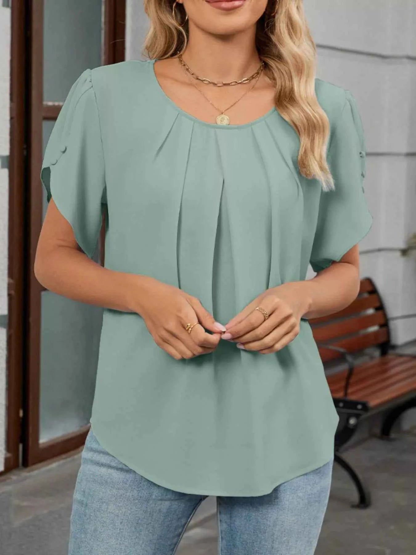 Elegant Pleated Flowy Short Sleeve Blouse