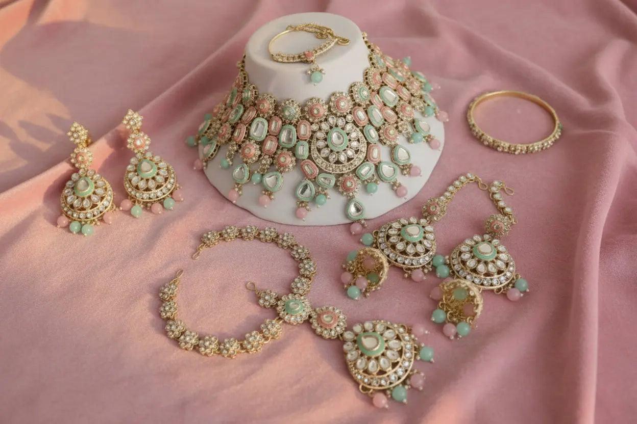 Elegant polki kundan bridal set with necklace, earring & mathapati-handcrafted indian wedding jewelry with pearl accents
