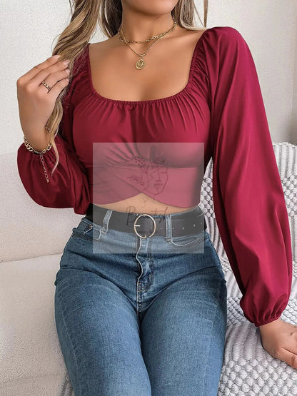 Elegant Ruched Long Sleeve Crop Blouse
