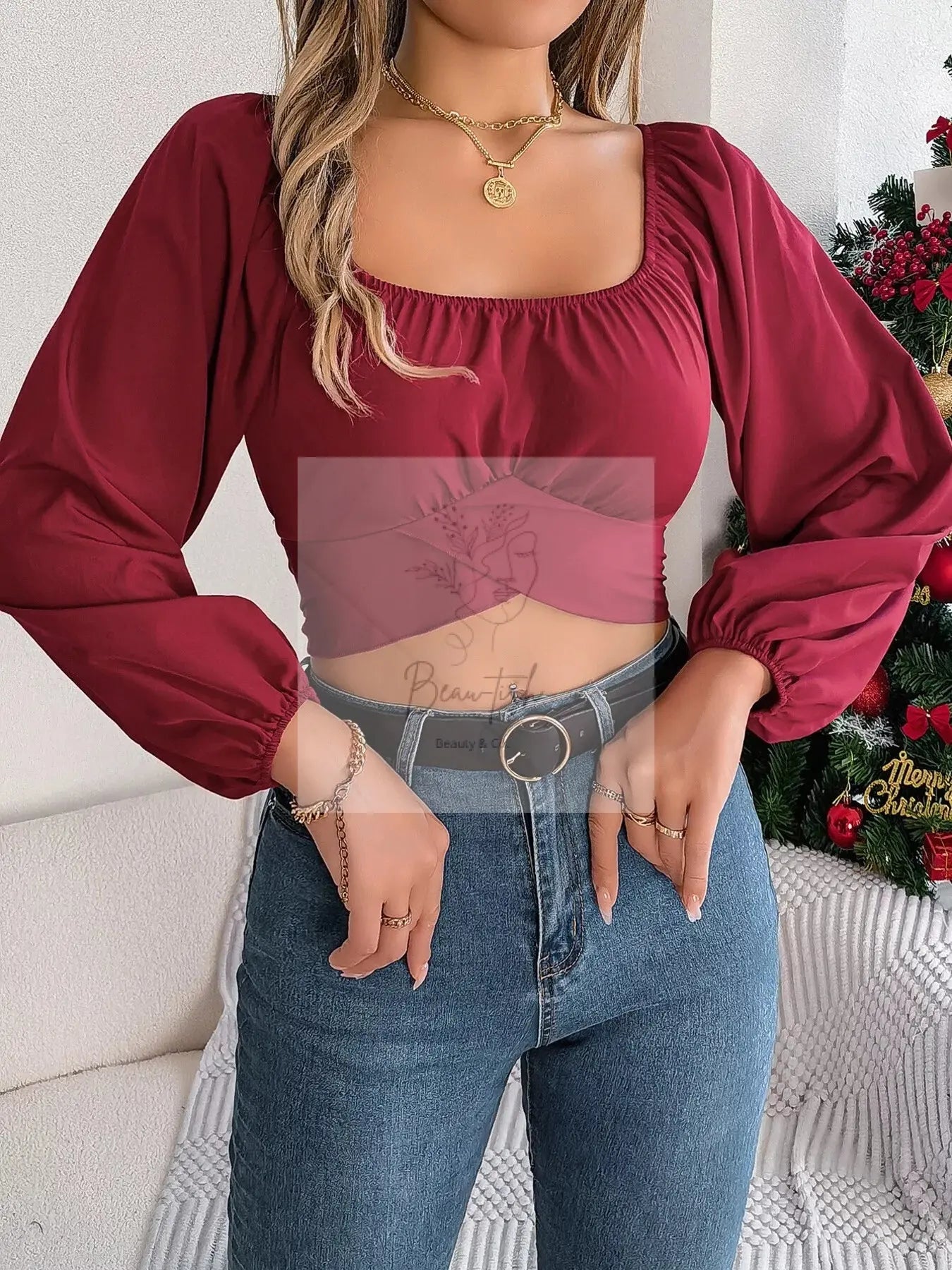 Elegant Ruched Long Sleeve Crop Blouse