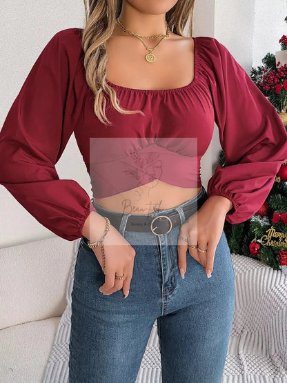 Elegant Ruched Long Sleeve Crop Blouse