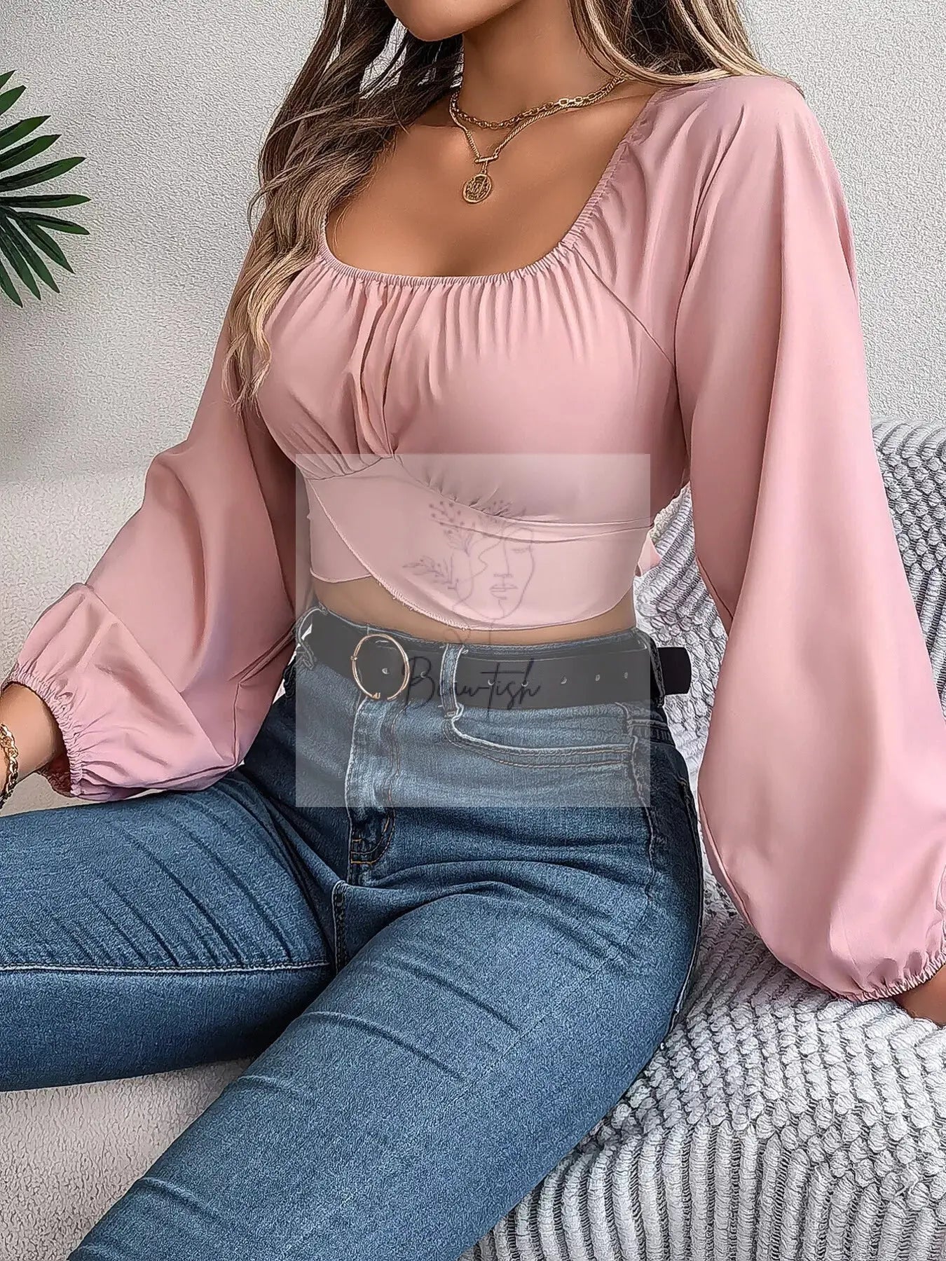 Elegant Ruched Long Sleeve Crop Blouse