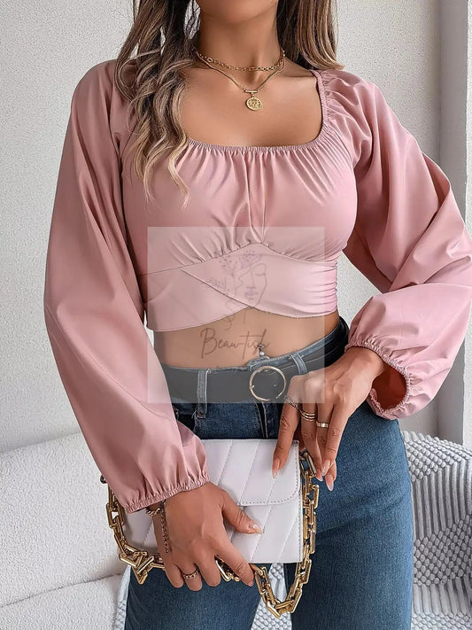 Elegant Ruched Long Sleeve Crop Blouse