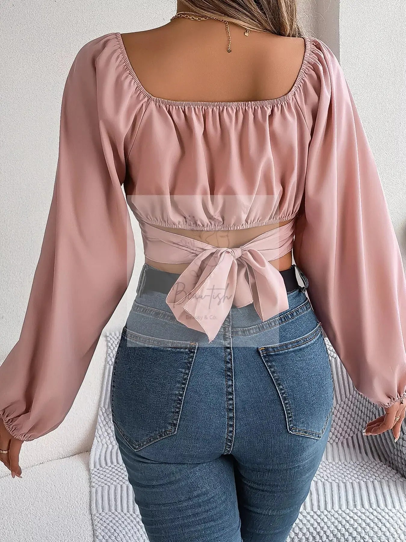 Elegant Ruched Long Sleeve Crop Blouse