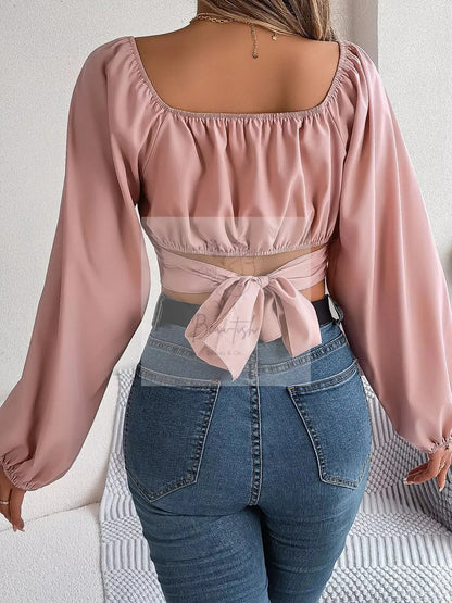 Elegant Ruched Long Sleeve Crop Blouse