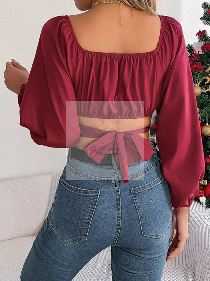 Elegant Ruched Long Sleeve Crop Blouse