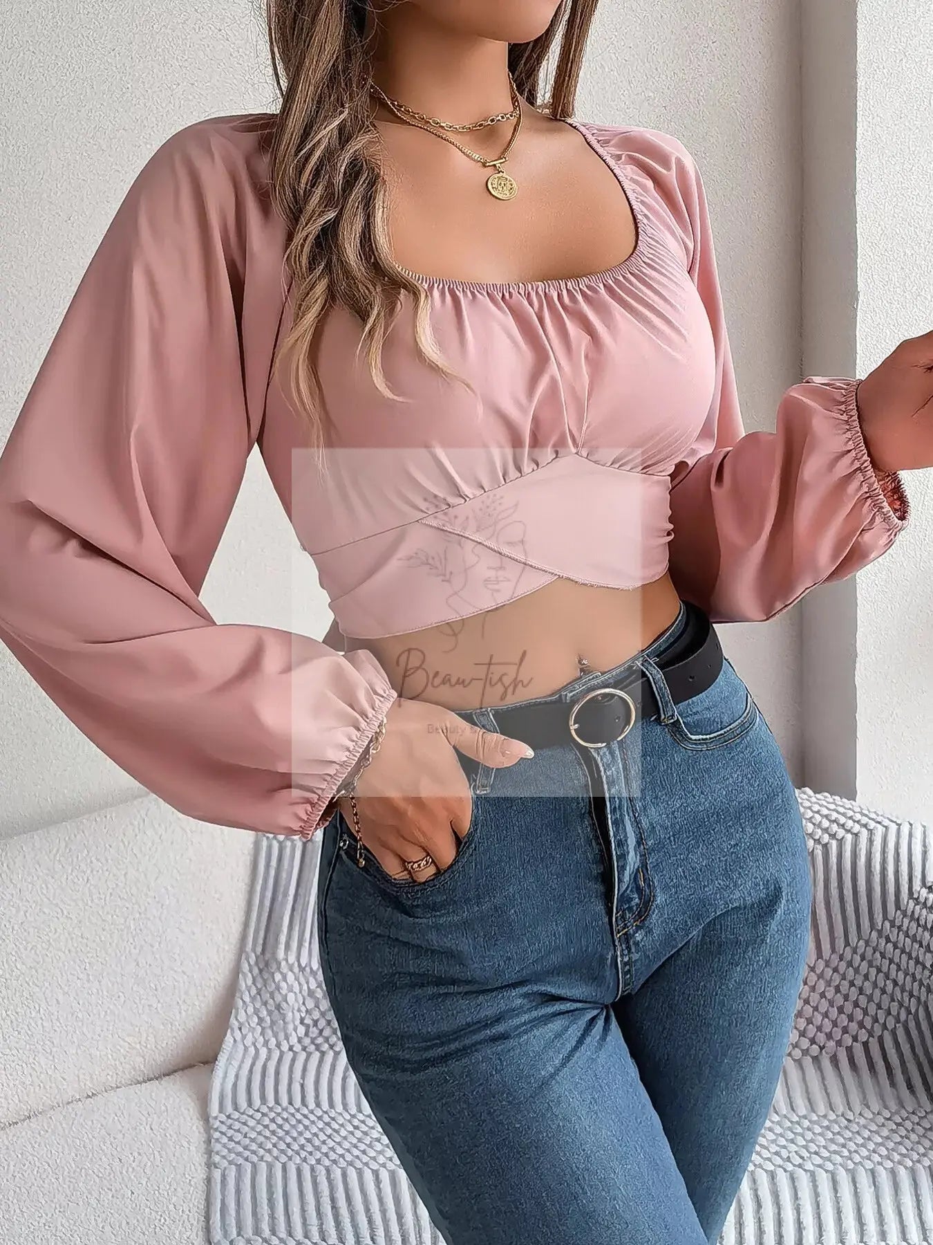 Elegant Ruched Long Sleeve Crop Blouse