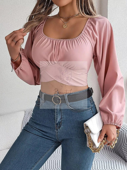 Elegant Ruched Long Sleeve Crop Blouse