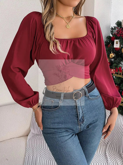 Elegant Ruched Long Sleeve Crop Blouse
