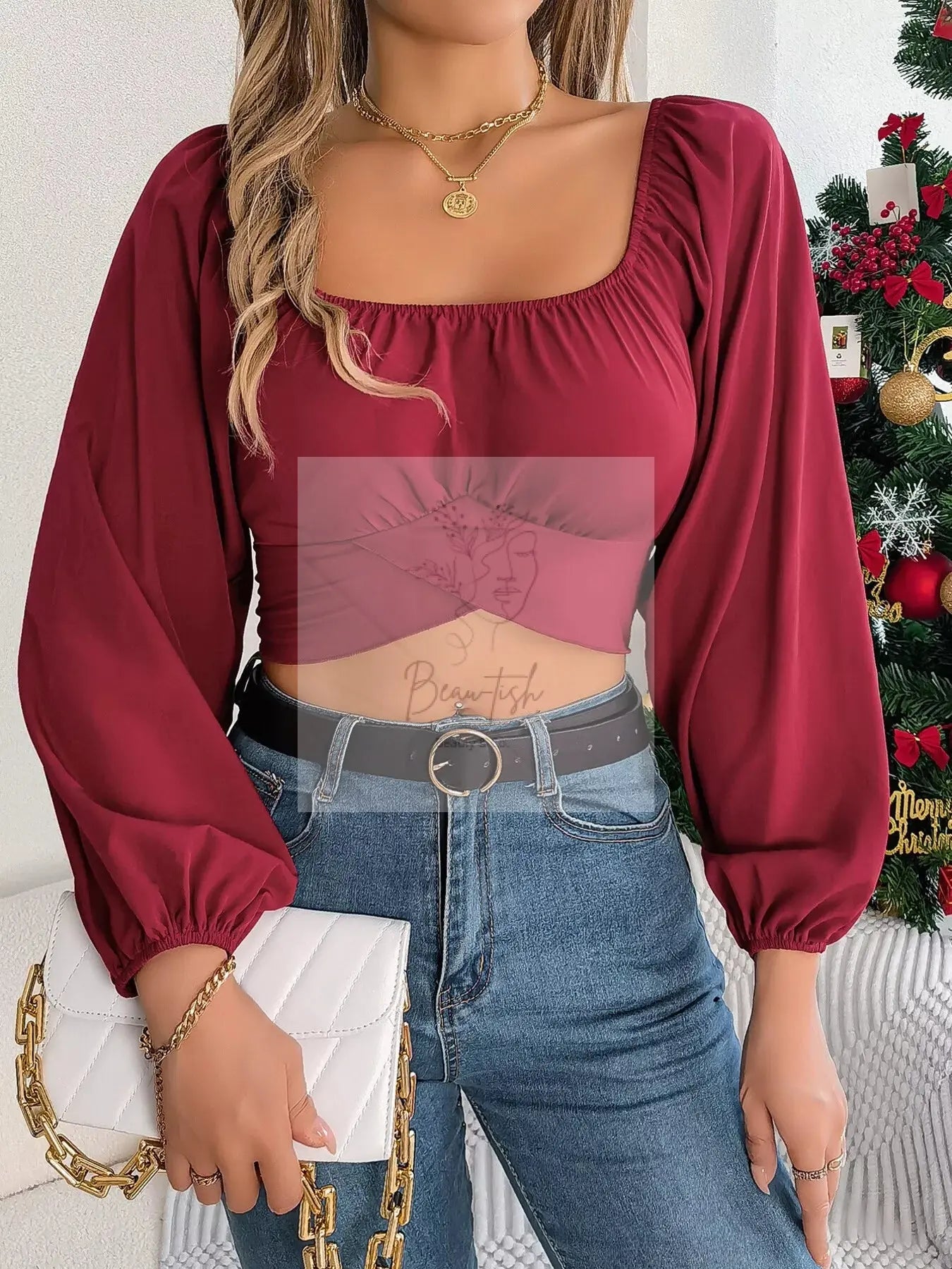 Elegant Ruched Long Sleeve Crop Blouse