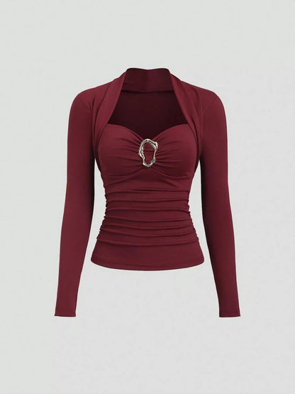 Elegant Ruched Long Sleeve Top with Buckle Detail